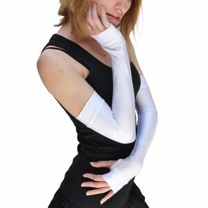 Long Fingerless Gloves White Arm Warmers Spandex Sleeves Stretchy Shiny Cosplay